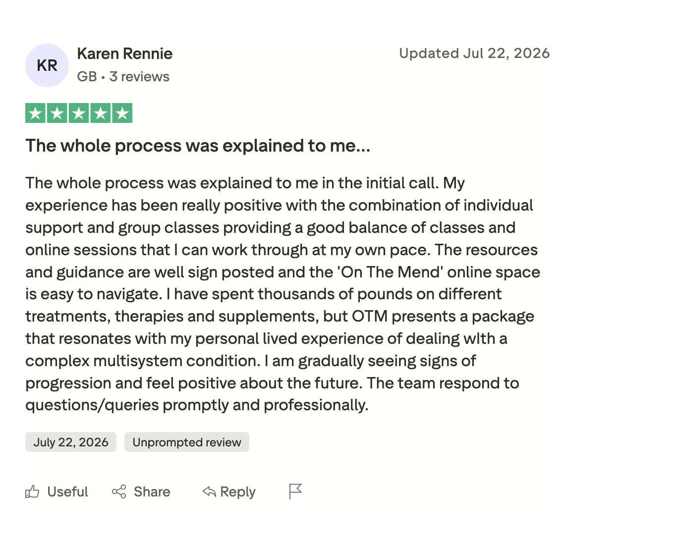 Five star Trustpilot review from Karen Rennie