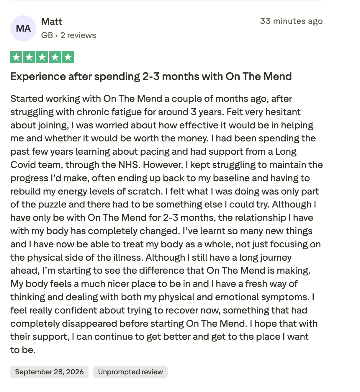 Five star Trustpilot review from Matt