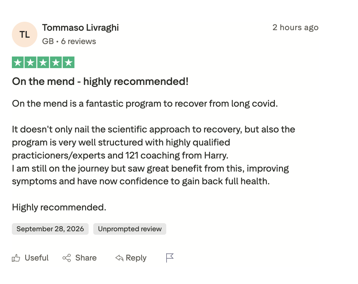 Five star Trustpilot review from Tommaso Livraghi